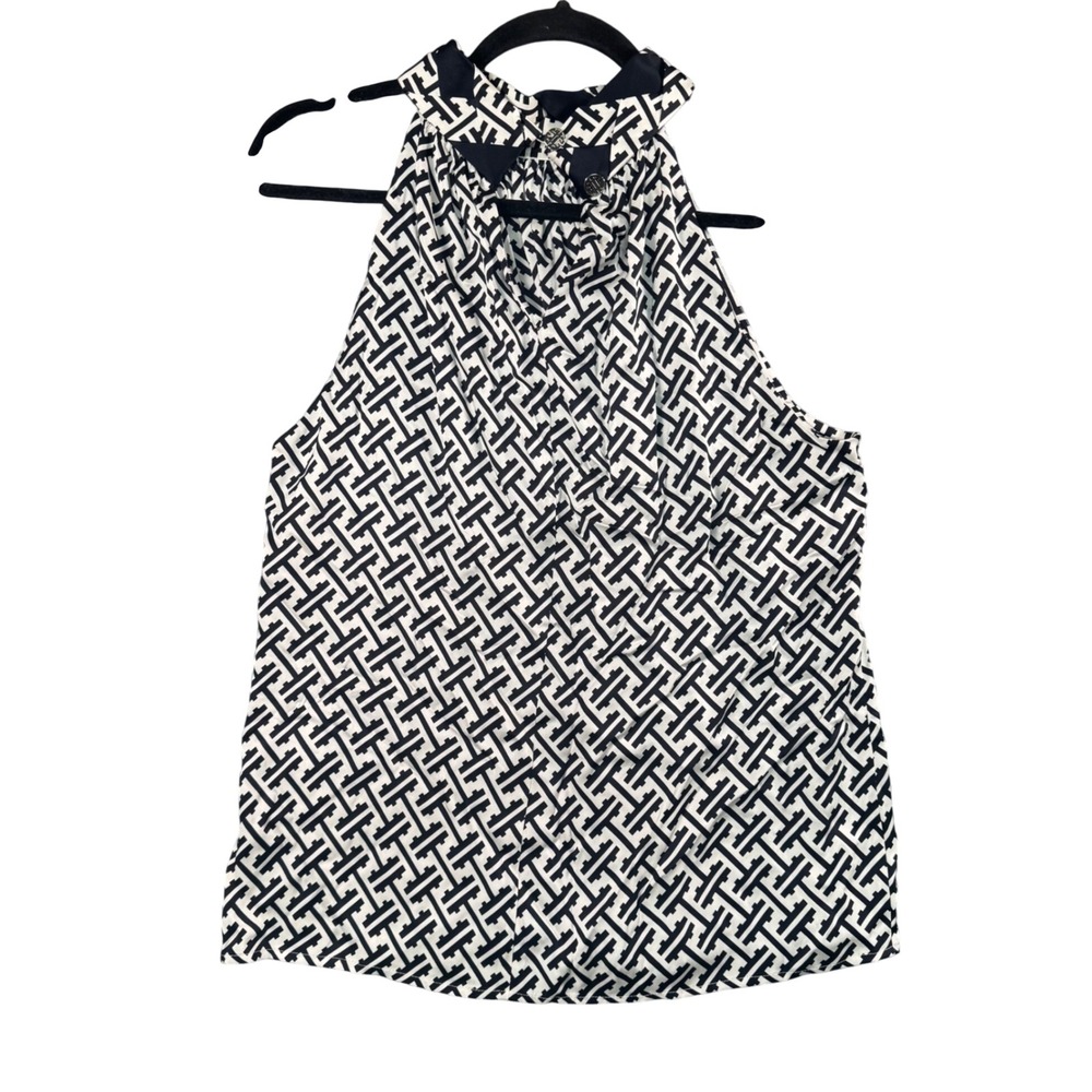 Antonio Melani Silk Blend Halter Top Black White Geo‎ Print Preppy Chic M - Picture 4 of 8
